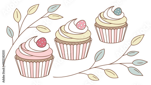 Three easter cupcakes with frosting and decorated eggs surrounded by leafy branches design