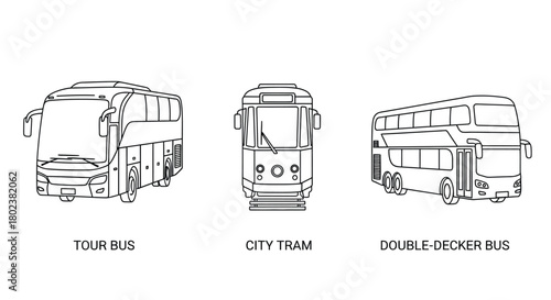 Line drawing of three different public transport vehicles bus tram and coach
