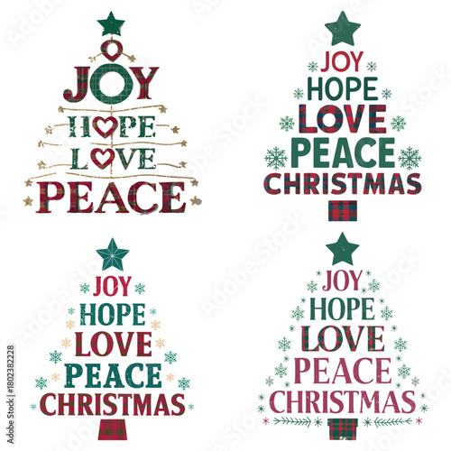 Christmas tree with words joy hope love peace and christmas