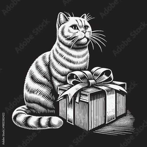 Vintage Engraving Style Cat Sitting Next to a Wrapped Gift Box.