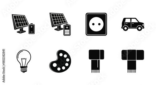 Silhouette icons of solar panels, battery, outlet, car, light bulb, palette, and brush set