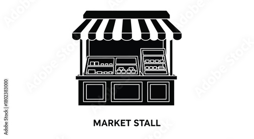 Simple black and white illustration of a market stall with striped awning