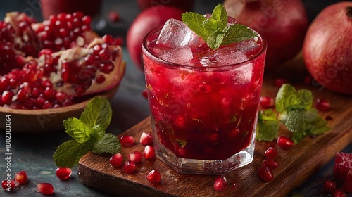 Refreshing pomegranate drink with ice cubes and mint leaves, a fruity and colorful beverage on rustic wooden board, seeds scattered around for a vibrant display.