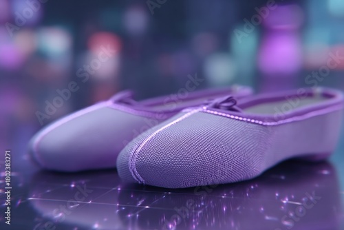 Elegant purple ballet shoes shine under vibrant neon lights, capturing grace and style