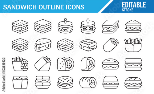 Editable stroke food illustration set of sandwiches and snacks
