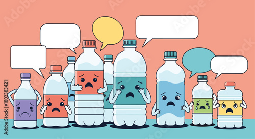 Anxious anthropomorphic plastic water bottles with worried expressions and speech bubbles illustrate concerns about plastic pollution and environmental impact.