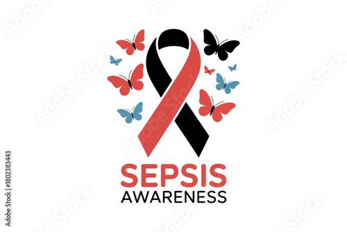 Red and black sepsis awareness ribbon surrounded by colorful butterflies symbolizes hope and life.