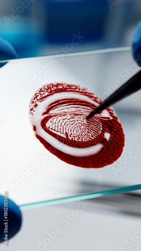 Close up of fingerprint on glass slide with tweezers in lab setting for scientific analysis