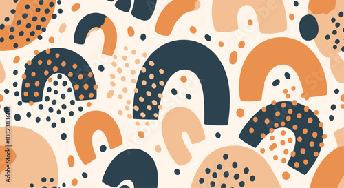Abstract seamless pattern with colorful arches and scattered dots on a light background, creating a playful and modern aesthetic for various design projects.