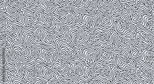 Intricate black and white abstract pattern featuring dense, flowing lines creating a complex, organic texture reminiscent of natural forms and chaotic energy.