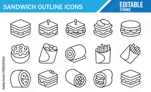Minimal line sandwich, burger, and wrap icons for food design projects