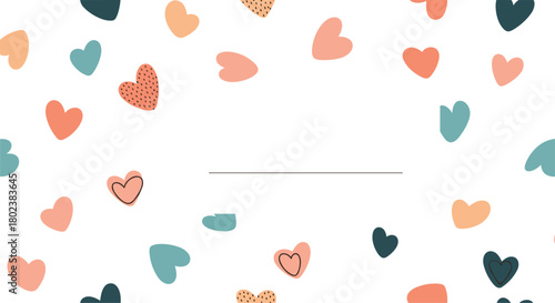 A charming and whimsical background featuring scattered hearts in soft pastel shades of peach, teal, and dark blue, perfect for Valentine's Day or romantic designs.