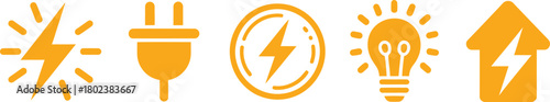 Collection of clean and modern orange vector icons representing electricity, power, energy, lighting, and home electrical solutions for graphic design projects