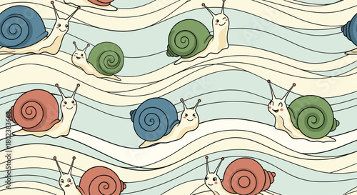 A cheerful seamless pattern featuring adorable snails with colorful shells crawling across wavy lines, creating a whimsical and playful background illustration.