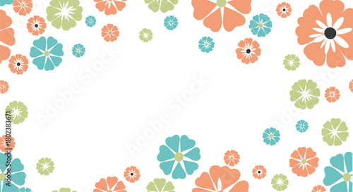 A cheerful floral border design featuring stylized blossoms in shades of orange, teal, and light green against a clean white background.