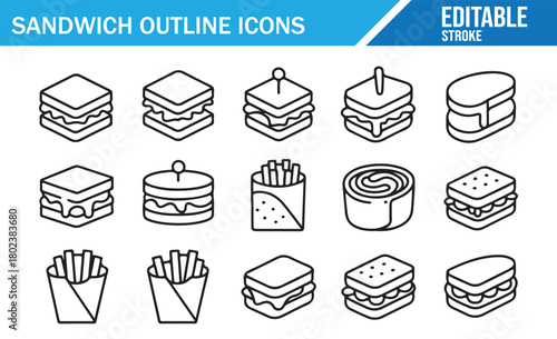 Sandwich and fast food outline icons set in editable stroke style