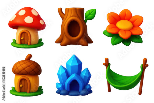 Variety of small, colorful, and whimsical objects, including a mushroom
