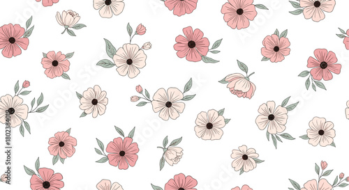 Delicate floral pattern featuring pastel pink and cream wildflowers with green leaves on a clean white background, perfect for spring designs.
