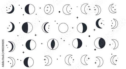 A whimsical pattern of various moon phases and twinkling stars creates a celestial backdrop, perfect for dreamy designs and nighttime themes.