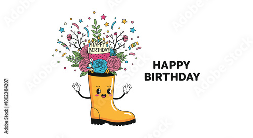 A cheerful illustration of a yellow rain boot filled with colorful flowers and a 'Happy Birthday' banner, perfect for greeting cards and festive celebrations.