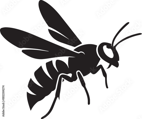 Black silhouette of a wasp in flight with detailed wings and segmented body isolated on a clean backdrop