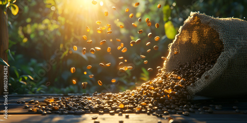Roasted Coffee Beans Spilling from Burlap Sack in Warm Sunlight