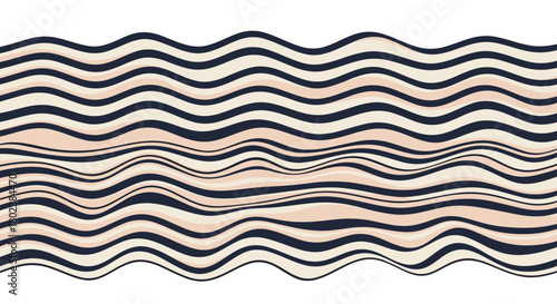 Abstract wavy lines in shades of beige and navy create a dynamic optical illusion, suggesting movement and depth in a modern design aesthetic.