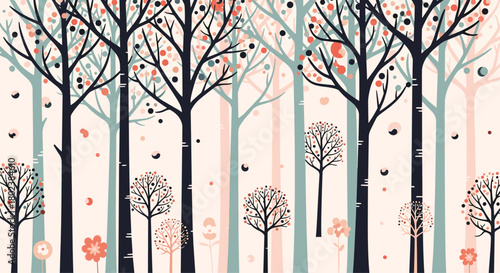 Stylized forest illustration featuring slender trees with colorful foliage and delicate floral accents, creating a whimsical woodland scene.