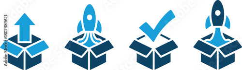 Box icons depicting launch and success, with a rocket and checkmark, in blue tones