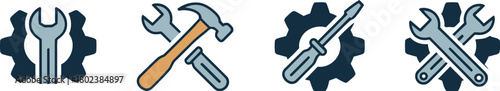 Modern two-tone vector icons for repair and service. Clean designs featuring wrenches, hammers, screwdrivers, and gears, perfect for maintenance and settings applications