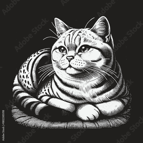 Monochrome Engraving Style Illustration of a Resting Cat.