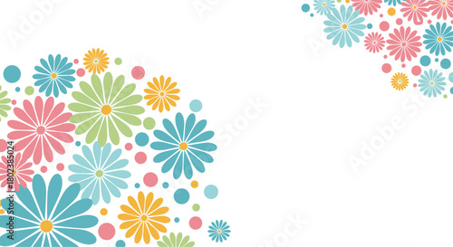 A cheerful floral arrangement of colorful daisy-like flowers and polka dots creates a bright and inviting springtime background or border design.