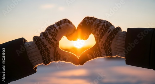 Hands forming a heart shape around a glowing sunset in winter