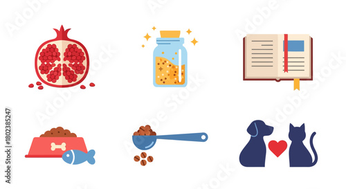 Vibrant collection of food and pet icons with simple modern flat design