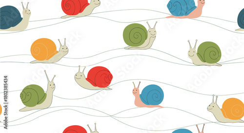 A cheerful seamless pattern featuring colorful snails crawling along gentle wavy lines, creating a whimsical and playful background for various design projects.
