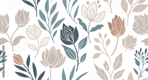 Delicate botanical illustration featuring stylized floral and foliage elements in muted earthy tones, creating a serene and natural pattern.