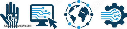 Dynamic digital technology icons in a striking dark blue and light blue color scheme, representing global connectivity, smart systems, and human-machine integration