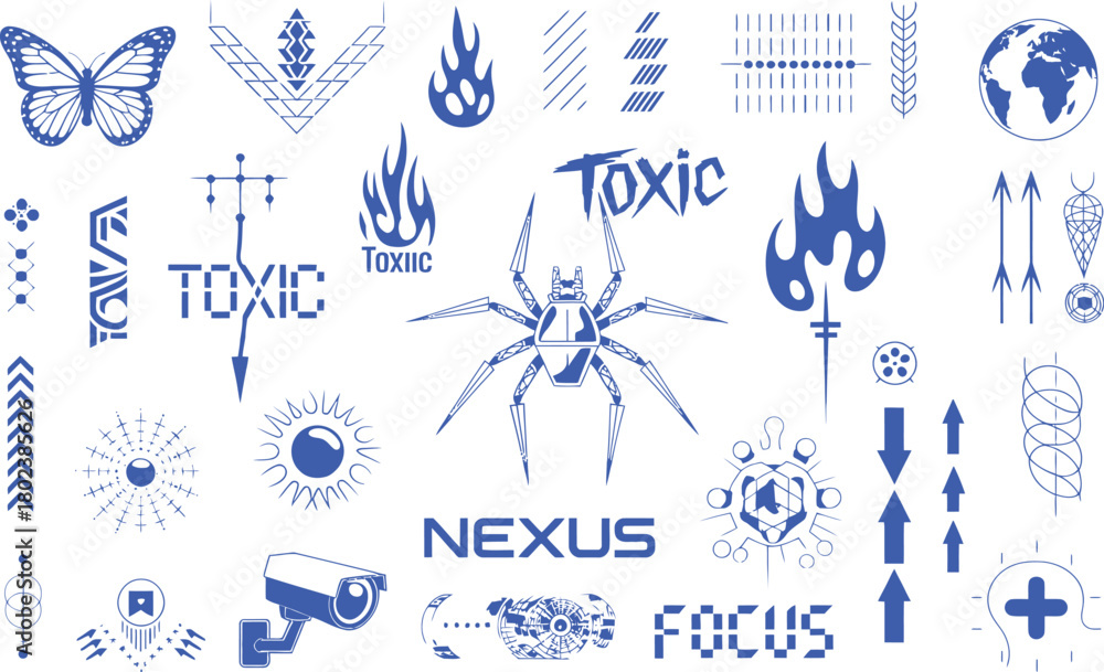 Obraz premium Blue graphic elements butterfly spider globe toxic nexus focus