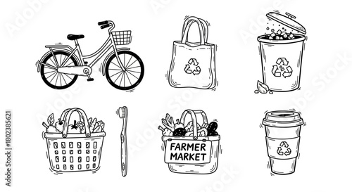 Hand-drawn eco-friendly lifestyle icons: bike, reusable bags, recycling bins, and more