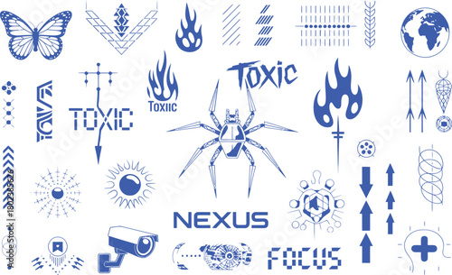 Blue graphic elements butterfly spider globe toxic nexus focus