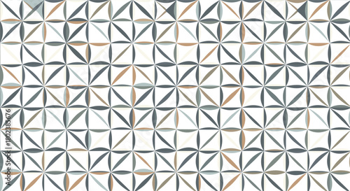 Intricate geometric pattern featuring repeating star and petal shapes in muted gray, beige, and white tones, creating a seamless tileable design.