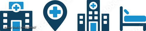 Medical and Hospital Icons Buildings, Location Pin, and Bed Symbolizing Healthcare Services and Facilities
