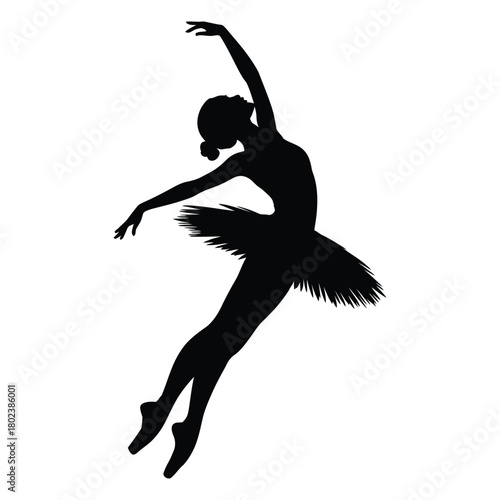 Graceful ballerina silhouette leaps and stretches with elegance on the white transparent backdrop