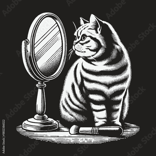 A charming striped cat admiring its reflection in an old fashioned vanity mirror.