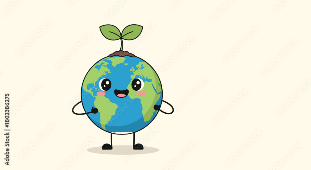 Obraz premium A cheerful cartoon Earth character with a sprouting plant on top stands with arms outstretched, promoting environmental awareness and sustainability.