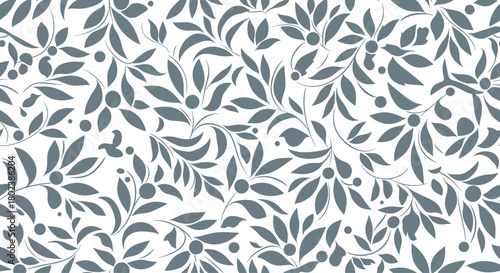 Elegant botanical pattern featuring stylized leaves and berries in a muted teal hue on a clean white background, creating a sophisticated design.