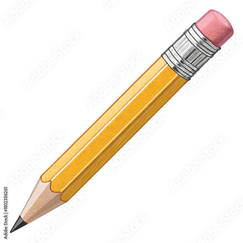 Classic wooden No.2 pencil, sharpened graphite tip, yellow paint, pink eraser, isolated on transparent background