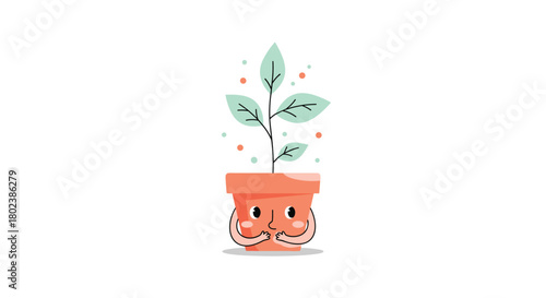 A charming terracotta pot with a sweet, shy expression and a small green plant growing from it, radiating a gentle, hopeful vibe.