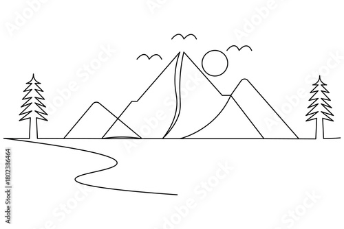 Abstract  mountain  continuous one line drawing of a view with tree and path, ideal for posters and minimalist decor.