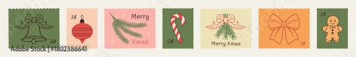 Hand-drawn doodle-style winter vacation postage stamps featuring Christmas and New Year motifs; charming postmarks perfect for posters, postcards, mail art, and festive scrapbooking designs.Vector art